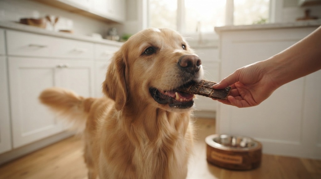 Golden Retriever mangia barretta essiccata